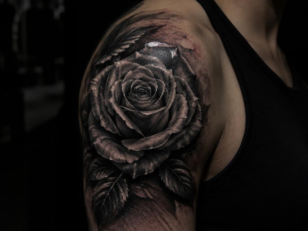 Black and grey realism rose tattoo